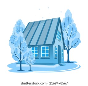 El paisaje invernal. Casa rodeada de árboles. Fondo del vector