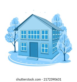 Winter landscape. House surrounded by trees. Vector background