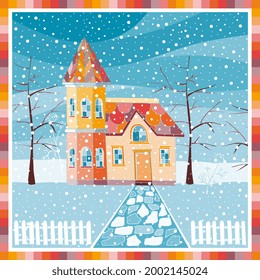 Winter landscape. House with tower in snow-covered garden during a snowfall. Picture in colorful frame. Vector illustration. 