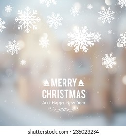 winter landscape with house and tree, vector blurred background, merry christmas and happy new year