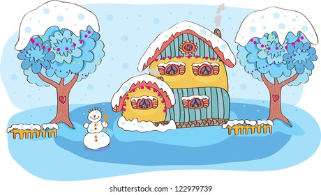 winter landscape with house and trees