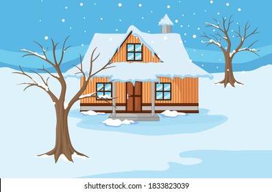 Winter landscape with house and trees