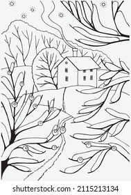 Winterlandschaft mit einem Haus, Bäumen und Wald. Schwarz-Weiß-Vektorgrafik, handgezeichnet. Perfekt für Postkarten, Druck, Kinderfärbung