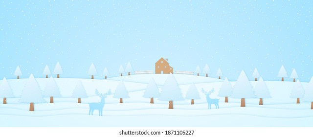 paisaje invernal, casa y árboles en una colina con renos, caída de nieve, estilo de arte de papel