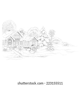 Winter landscape with house, trees and snowman, hand-drawn illustration in vintage style.