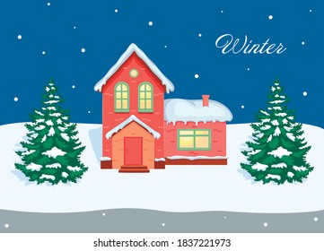 Winter landscape: house and trees under the snow