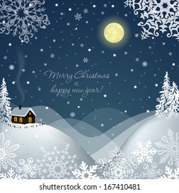 Winter Landscape with a House. Vector Christmas Card