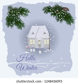 Winter landscape with a house. Vector illustration.