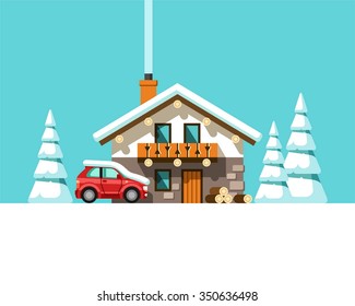 Winter landscape with house. Vector illustration.