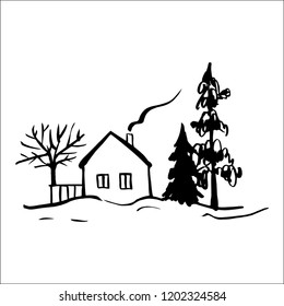 Winter landscape with a house. Vector sketch  illustration.