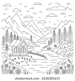 winter landscape with houses coloring page