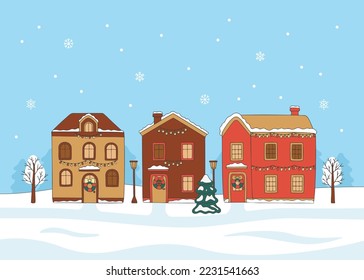 Winter landscape houses decorated garland outside with fir tree, doodle style. Hand drawn snowy building interior with spruce. Winter Christmas holiday and celebration. Vector illustration