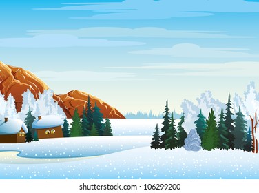 Winter landscape with houses, forest and mountains on a blue cloudy sky