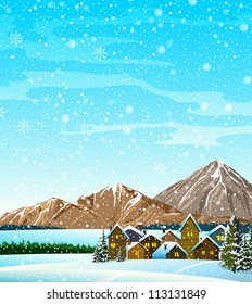 Winter landscape with houses, forest, mountains and snowfall