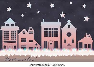 Winter landscape with houses and lights. paper stylized