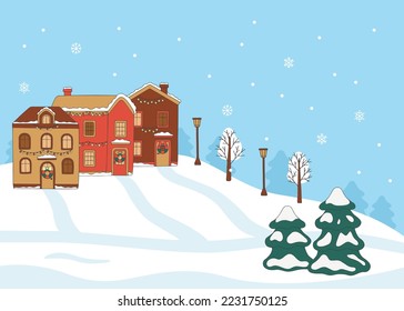 Winter landscape houses outside on hill with fir tree, doodle style. Hand drawn snowy building exterior with spruce. Winter Christmas holiday and celebration. Vector illustration