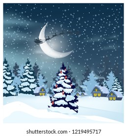Winter landscape with houses, Santa Claus in night sky and decorated fir-tree. Snowy country scene vector illustration. Christmas Eve concept. For websites, wallpapers, posters or banners.
