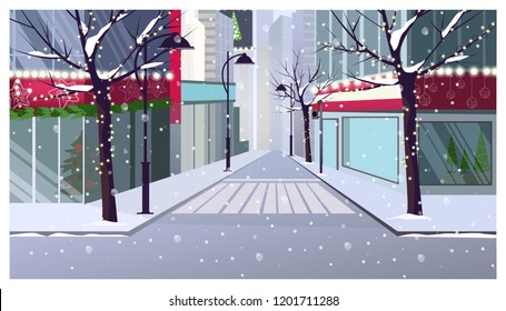 Winter landscape with houses, shops and decorated trees vector illustration. Snowy city scene. Christmas or New Year concept. For websites, wallpapers, posters or banners