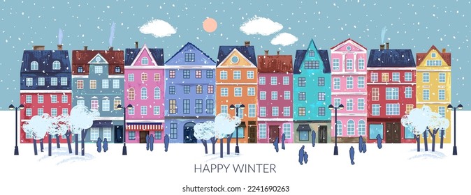 Winter landscape with houses, snow, trees, clouds. Classical european architecture, old city centre buildings retro style.
