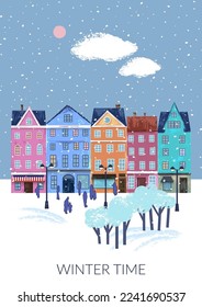 Winter landscape with houses, snow, trees, clouds. Classical european architecture, old city centre buildings retro style.