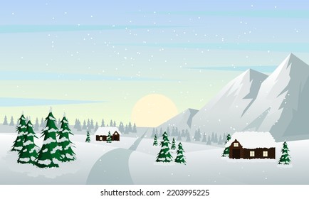 Winter landscape and houses with snowflakes falling from the sky, Christmas winter scenery of cold weather. in the morning sunrise