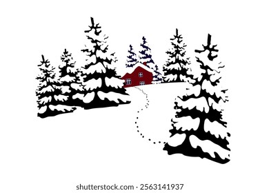 Winter landscape with houses in snowy forest. Winter illustration in snow. Vector illustration