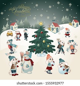 Winter landscape, houses, trees, in the center of the composition is a Christmas tree, around which dogs children, they ski, snowboard, ice skate, take pictures and sculpt a snowman, color vector 