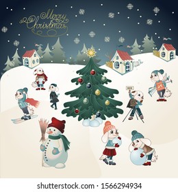 Winter landscape, houses, trees, in the center of the composition is a Christmas tree, around which dogs children, they ski, snowboard, ice skate, take pictures and sculpt a snowman, vector