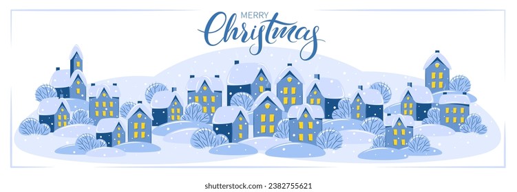 Winter landscape with houses and trees. Winter city or village for a New Year and Christmas background. Vector illustration