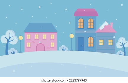 Winter landscape with houses, trees, lanterns and bushes. snow covered street