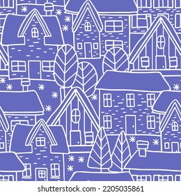 Winter landscape. Houses and trees, seamless pattern. Can be printed and used as wrapping paper, wallpaper, textile, fabric and banner. Vector illustration.