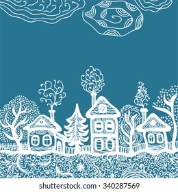 Winter landscape houses trees vector illustration