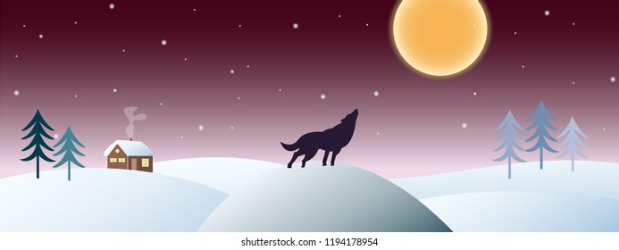 Winter landscape with a howling wolf