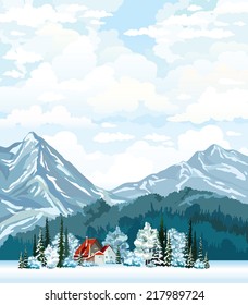 Winter landscape with hut, frozen forest and mountains on a cloudy sky. Natural vector.