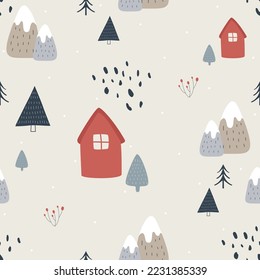 Winter landscape hygge pattern for print, for wrapping paper