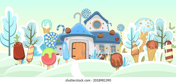 Winter landscape with ice cream. Frosty sky. Summer food sweet dessert. Gnomes house with sweets and snowdrifts. Flat design. Illustration Vector