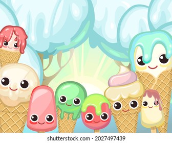 Winter landscape with ice cream. Frosty sky. Summer food sweet dessert. Cartoon funny characters. Flat design. Kids Illustration Vector
