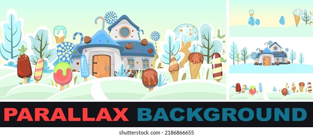 Winter landscape with ice cream. Set parallax effect. Frosty sky. Summer food sweet dessert. Gnomes house with sweets and snowdrifts. Flat design. Illustration Vector.