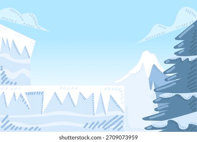 Paisaje de invierno con el piso de hielo congelándose frío y pino en la montaña y el fondo azul del cielo con la nieve.