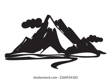 Icono de paisaje invernal. Paisaje de la cordillera y nubes en la primera nieve. La aventura de los deportes de invierno aislada de fondo blanco. Ilustración vectorial del símbolo de viaje invernal.
