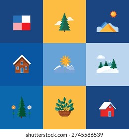 Winter Landscape Icon Set with Cozy Cabins, Pine Trees, and Snowy Mountains.