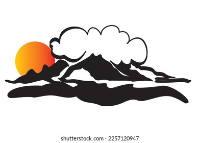 Winter landscape icon. Silhouette of mountain in middle sea, full sun and clouds firs snow. Elegant vector illustration of volcano in sea and smoke for icon, symbol, logo, emblem. Winter travel icon.