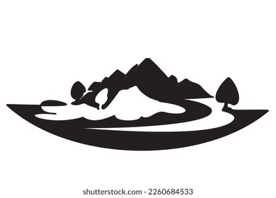 Winter landscape iconic. Beautiful mountain drawing illustration in firs snow. Vector illustration of snowy mountains silhouette. Simple vector of winter travel mountain wallpaper images for printing.