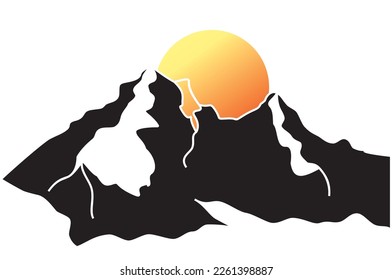 Winter landscape iconic. Steep rocky mountain peak and sun in firs snow. Vector illustration of rocky mountain peak for logo, icon, symbol of adventure, rock climbing, repling. Winter travel icon.