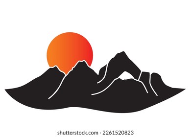 Winter landscape iconic. Steep rocky mountain peaks and sun. Vector illustration of rocky mountain peak in firs snow silhouette as nature symbol, adventure logo, winter travel icon. 