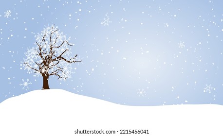 Winter landscape illustration. Abandoned tree in snowy nature, snowfall. Merry Christmas and Happy New Year card.