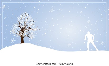 Winter landscape illustration. Abandoned tree in snowy nature, cross-country skier. Merry Christmas and Happy New Year card.