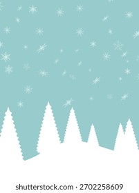 Winter landscape illustration, blue background with snowflakes, white fir trees, minimal Christmas, winter vector scene for greeting cards