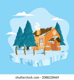 winter landscape illustration with cabin