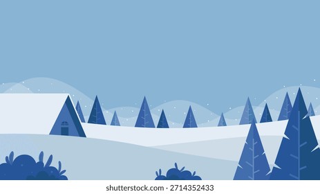 Ilustración de paisaje de invierno con una cabaña y pinos perfectos para diseños estacionales, Navidades y eventos de diciembre.